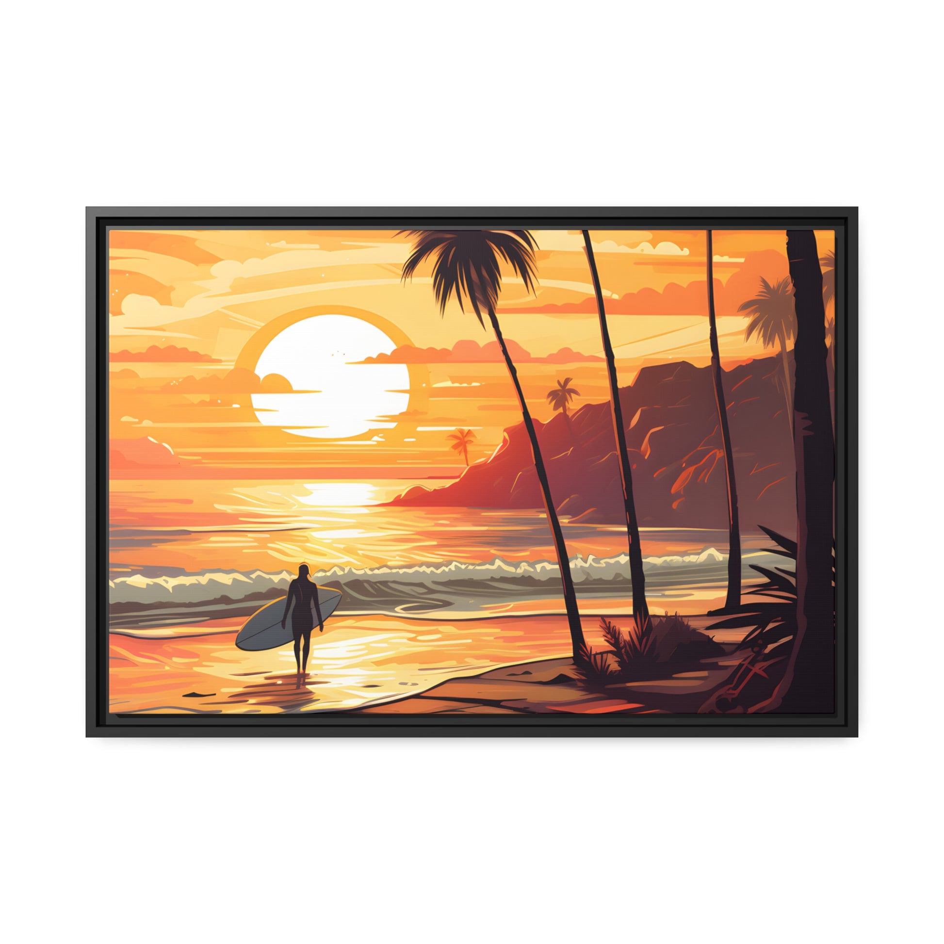 Framed Canvas Artwork Beach Ocean Surfing Warm Sunset Art Surfer Walking Up The Beach Holding Surfboard Palm Tree Silhouettes Sets The Tone Floating Frame Canvas Artwork