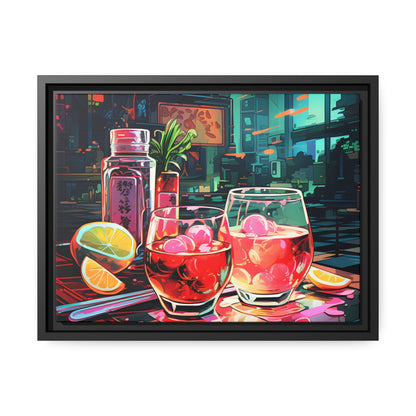 Framed Canvas Artwork Japanese Manga Style Alcohol And Night Life Bar Art Alcoholic Drink With Ice And Lemon Slice Floating Frame Canvas Neon Light Bar Artwork Urban Setting Lifestyle