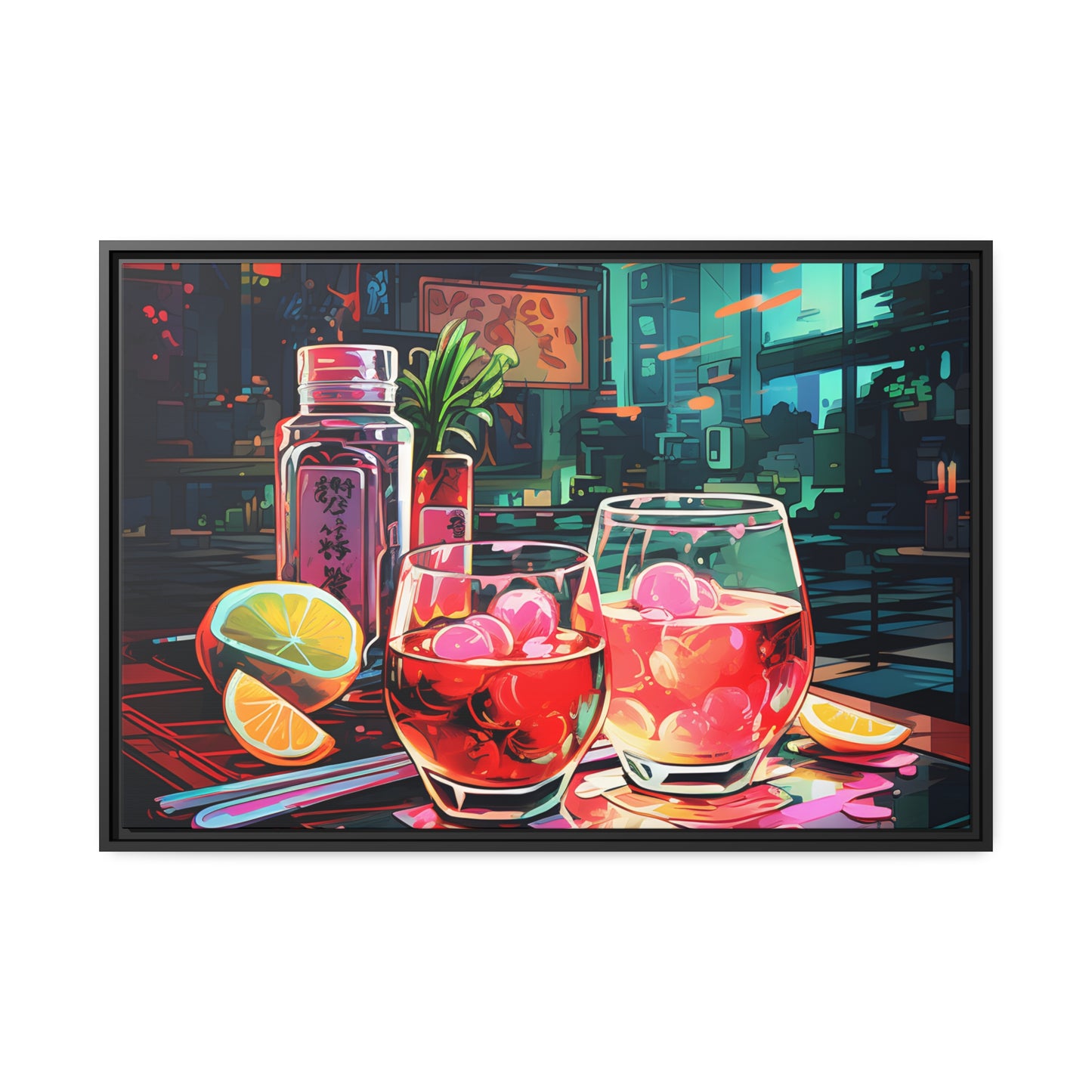 Framed Canvas Artwork Japanese Manga Style Alcohol And Night Life Bar Art Alcoholic Drink With Ice And Lemon Slice Floating Frame Canvas Neon Light Bar Artwork Urban Setting Lifestyle