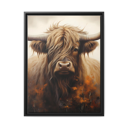 Framed Canvas Artwork Strong Stunning Highlander Bull Warm Fiery Flames Emotional Stylish Bull Staring Into The Viewer Captivating Highly Detailed Painting Style Perfect To Warm Up A Homestead Or Country Home