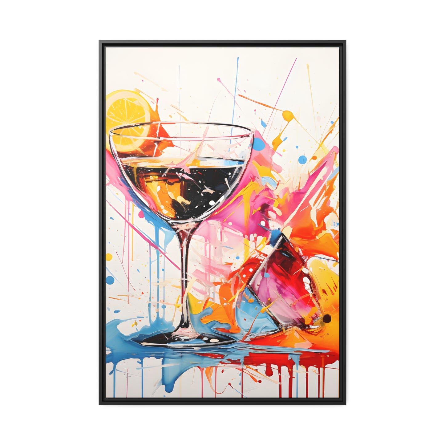 Framed Canvas Artwork Bright Vibrant Splashes Of Color Over A White Background Surrounding A Glass Of Liqour Alcohol Lemon Slice Floating Frame Canvas Artwork