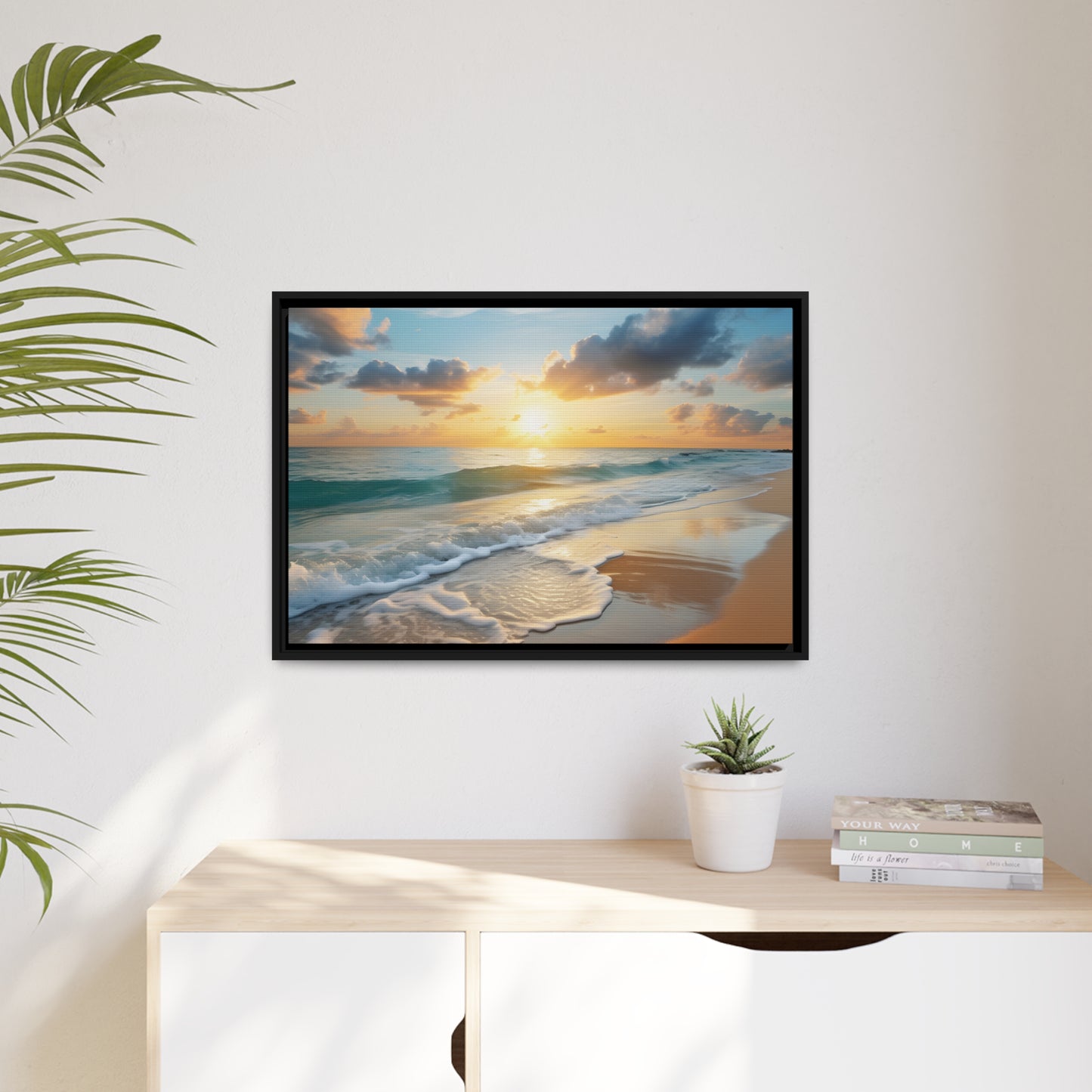 Framed Canvas Artwork Beach Ocean Waves Sunset Floating Frame Canvas Artwork