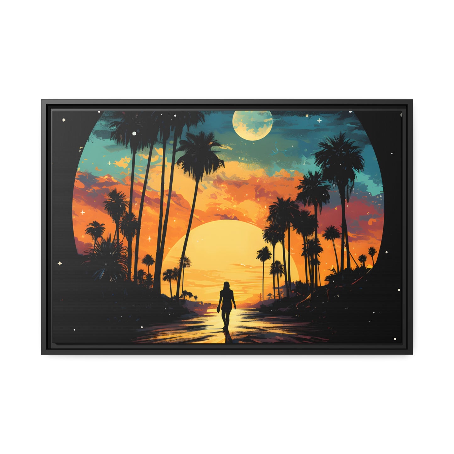 Framed Canvas Lifestyle/Ocean Side Artwork Dark Sunset Palm Tree Silhouettes Line The Pathway Large Sun Setting In Line With Perspective Moon Lit Star Filled Night Sky Floating Canvas Framed Artwork