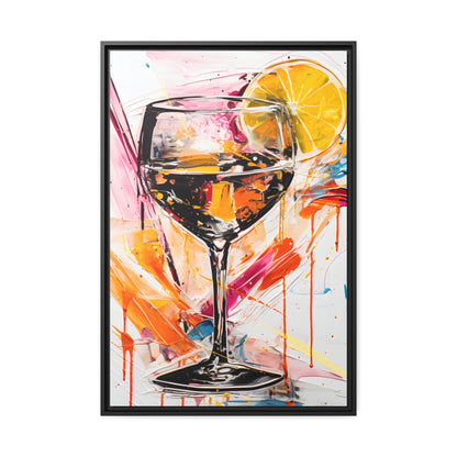 Framed Canvas artwork Bar/Night Life Art Bright Vibrant Neon Splashes Surrounding A Champagne Glass Full Of Alcohol And A Slice Of Lemon On White Background Framed Canvas Painting Alcohol Art Close Up 