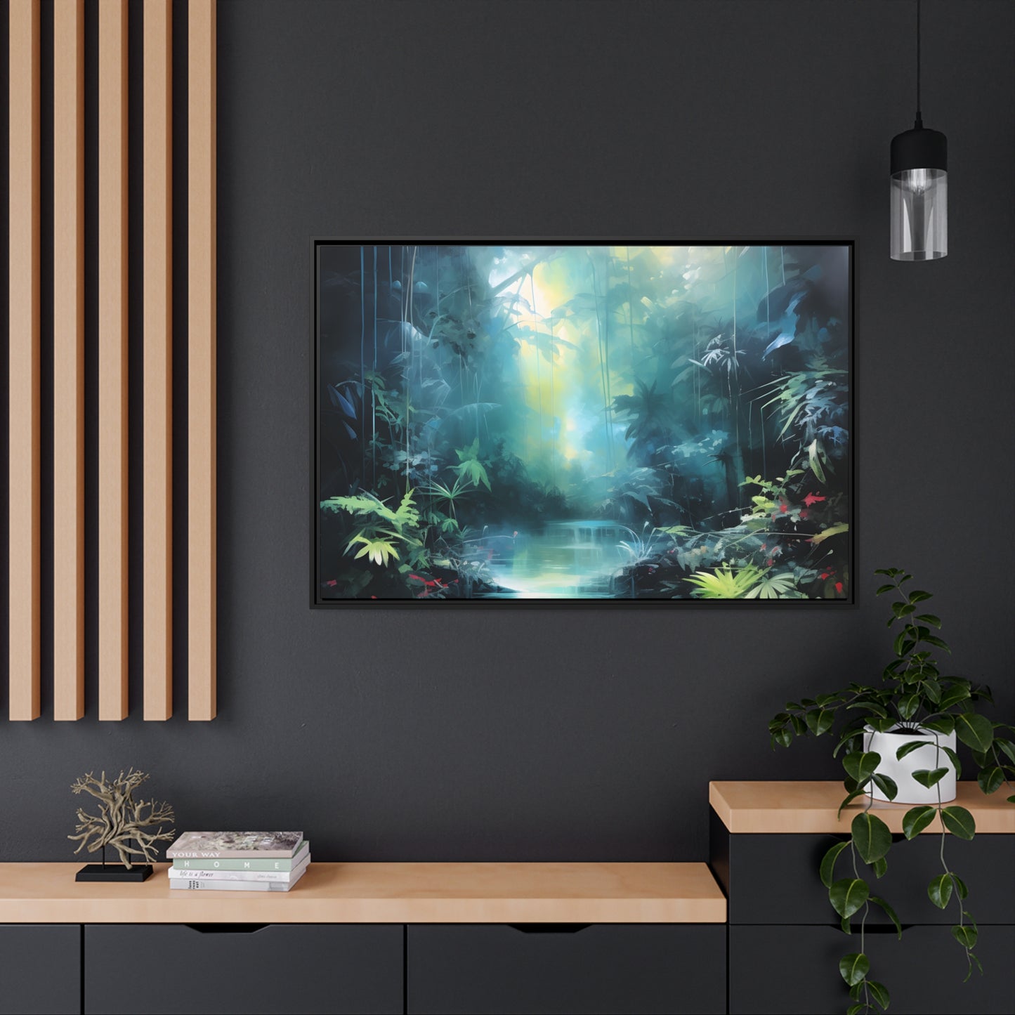 Framed Canvas Abstract Artwork Dense Misty Jungle And Stream Of Water Oil Painting Style Abstract Art Natural Conversation Starter Framed Canvas Nature