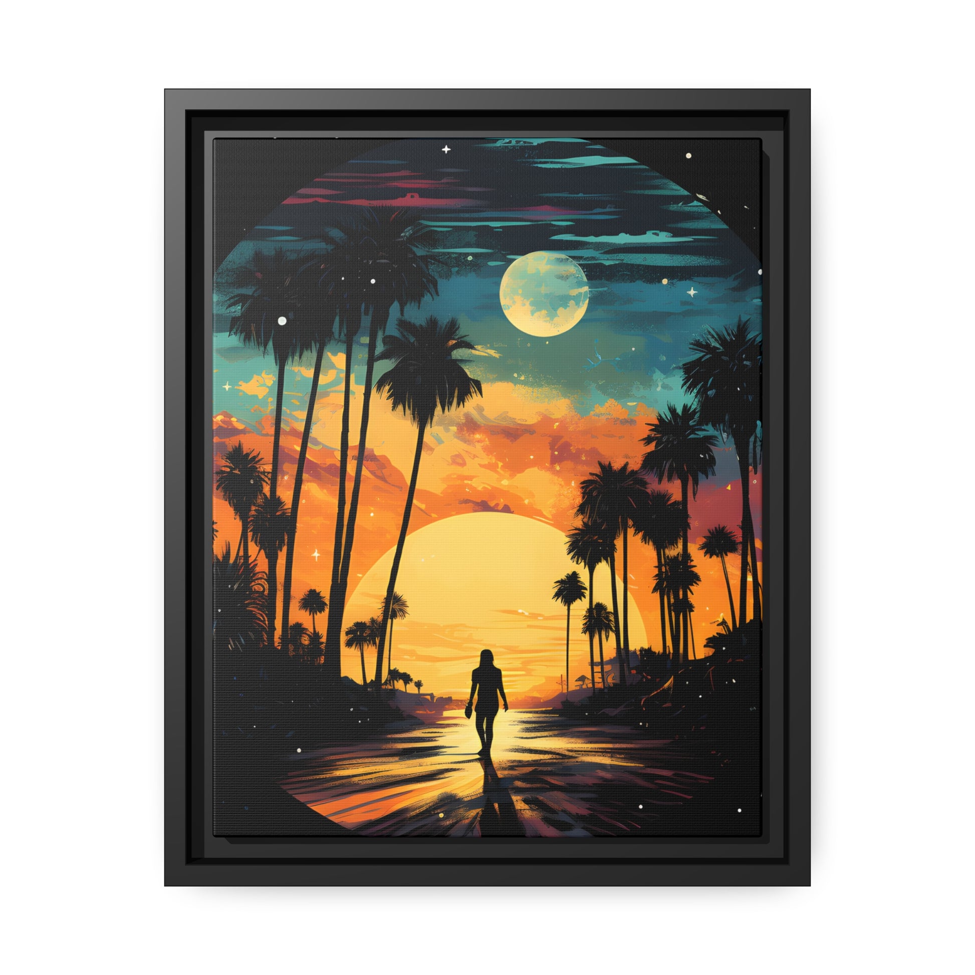 Framed Canvas Lifestyle/Ocean Side Artwork Dark Sunset Palm Tree Silhouettes Line The Pathway Large Sun Setting In Line With Perspective Moon Lit Star Filled Night Sky Floating Canvas Framed Artwork