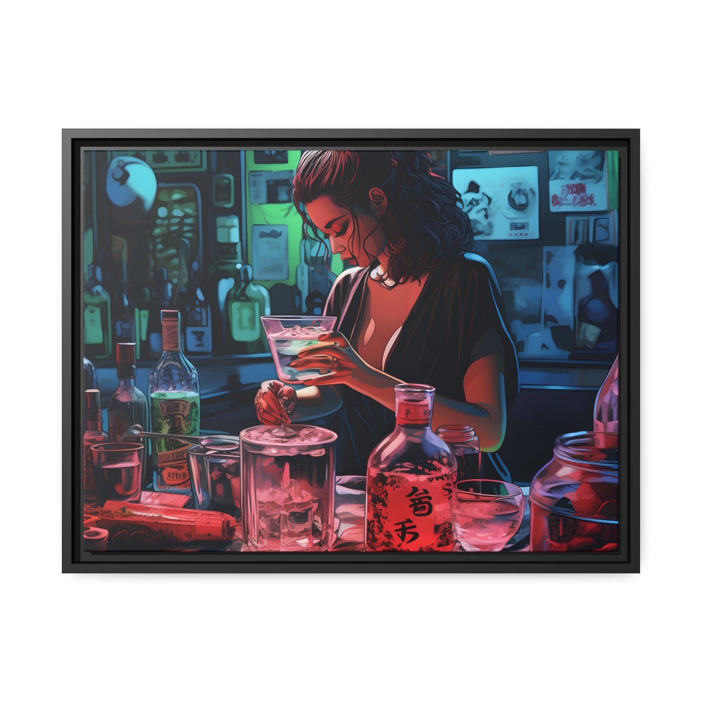 Framed Canvas artwork Japanese Manga Style Bar/Night Life Art Attractive Young Bartender Mixing Drinks In A Busy Neon Lit Bar Framed Canvas Painting Alcohol Art