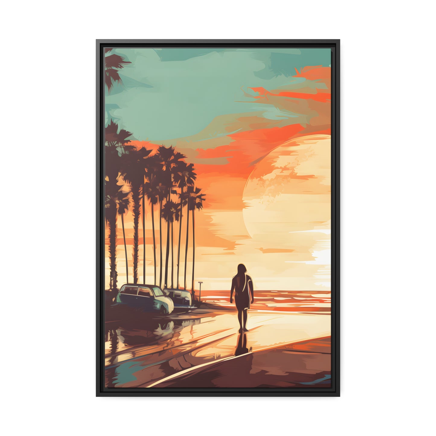 Framed Canvas artwork sunset watercolor oceanside framed painting