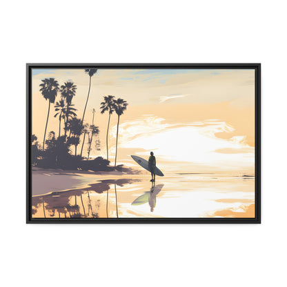 Framed Canvas Artwork Beach Ocean Surfing Warm Sun Set Art Surfer On Beach Holding Surfboard Palm Tree Silhouettes Perfect Mood Enhancer Floating Frame Canvas Artwork