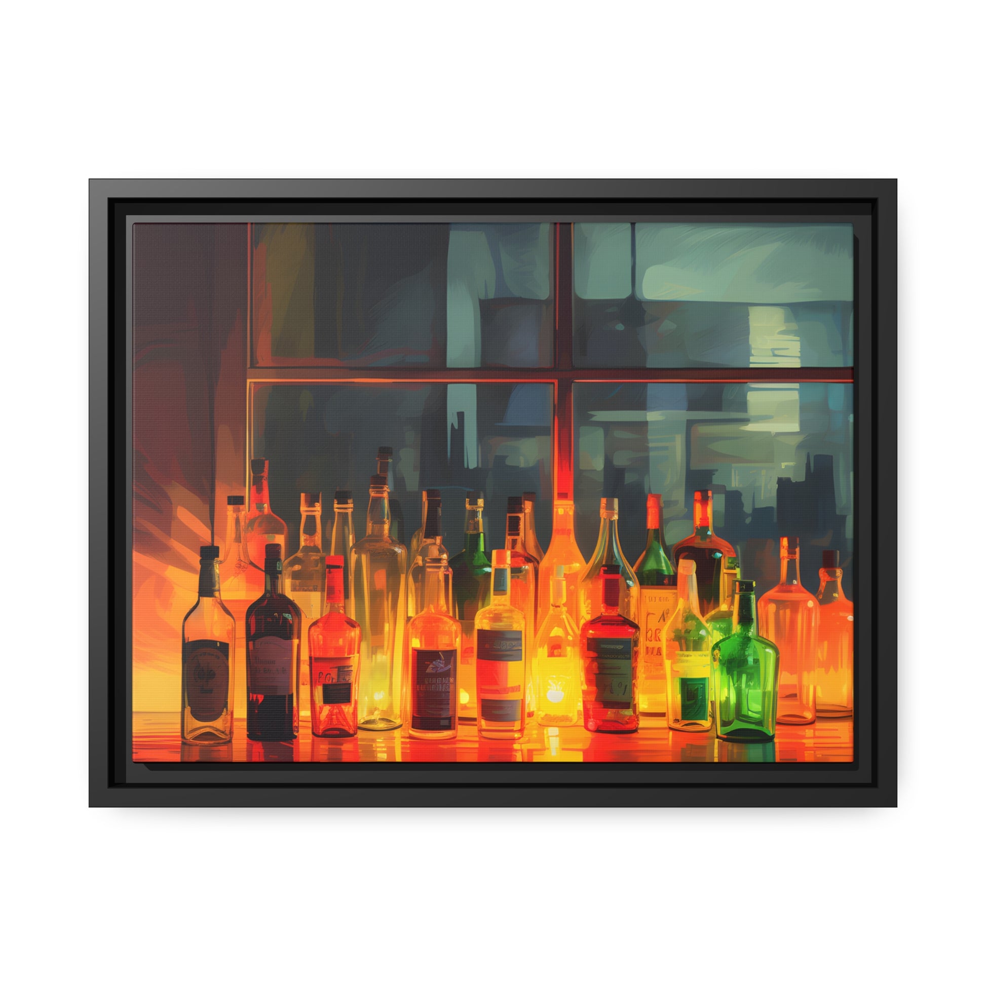 Framed Canvas Artwork Alcohol Bar Night Life Vibrant Colorful Well Lit Bar With Alcohol Bottles Lined UpParty Drinking Lifestyle Floating Frame Canvas 