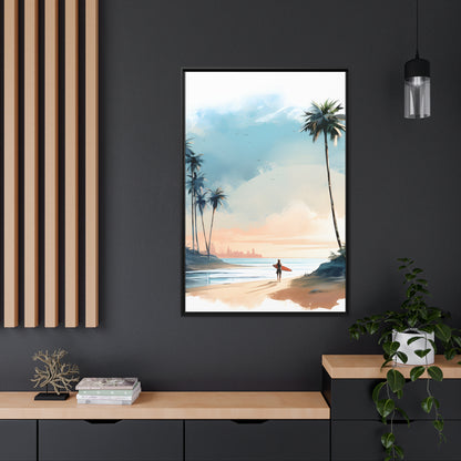 Framed Canvas Artwork Beach Ocean Surfing Warm Sun Set Art Surfer On Beach Holding Surfboard And Palm Tree Silhouettes Water Color Style City In Background Impressive Beach Scene Floating Frame Canvas Artwork