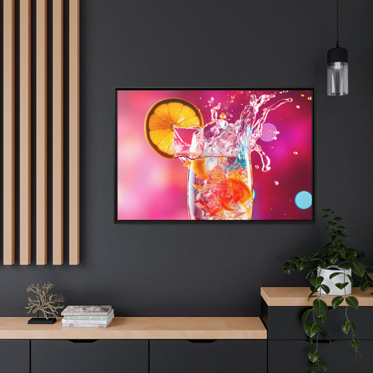 Framed Canvas artwork Bar/Night Life Art Bright Vibrant Pink Drink Splashes Surrounding A Champagne Glass Full Of Alcohol And A Slice Of Lemon On Bright Pink Background Framed Canvas Painting Alcohol Art Close Up 