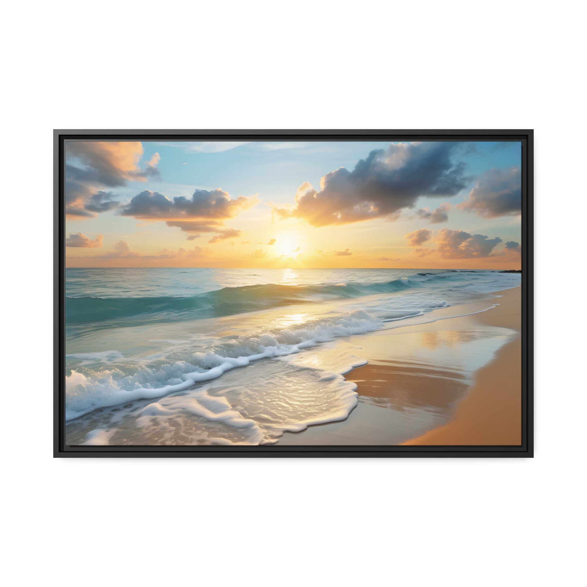 Framed Canvas Artwork Beach Ocean Waves Sunset Floating Frame Canvas Artwork