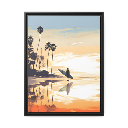 Framed Canvas Artwork Beach Ocean Surfing Warm Sun Set Art Surfer On Beach Holding Surfboard And Palm Tree Silhouettes Floating Frame Canvas Artwork