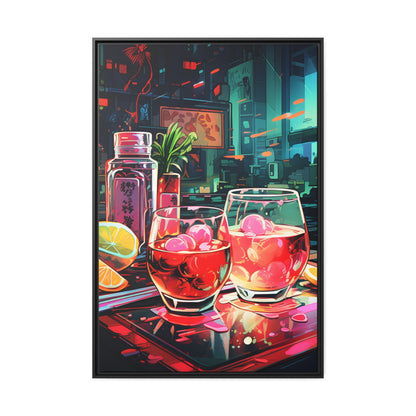 Framed Canvas Artwork Japanese Manga Style Alcohol And Night Life Bar Art Alcoholic Drink With Ice And Lemon Slice Floating Frame Canvas Neon Light Bar Artwork Urban Setting Lifestyle