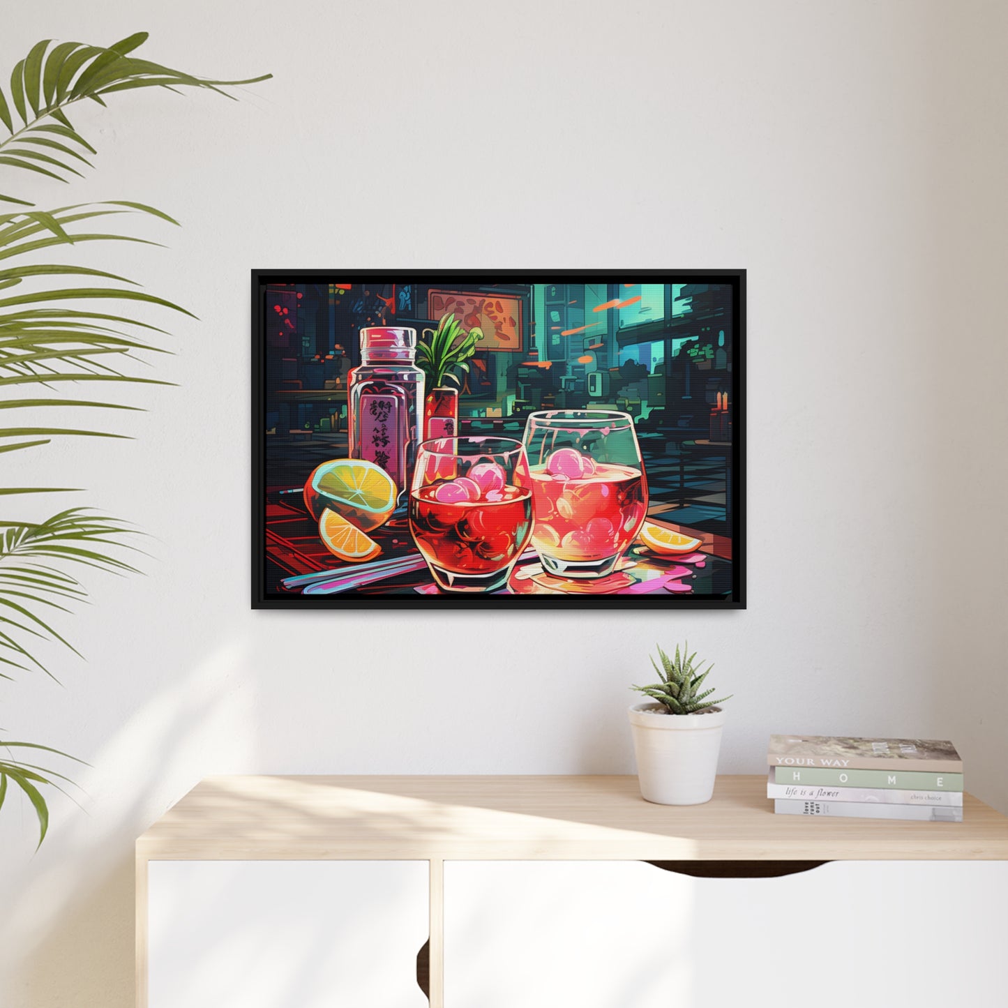 Framed Canvas Artwork Japanese Manga Style Alcohol And Night Life Bar Art Alcoholic Drink With Ice And Lemon Slice Floating Frame Canvas Neon Light Bar Artwork Urban Setting Lifestyle