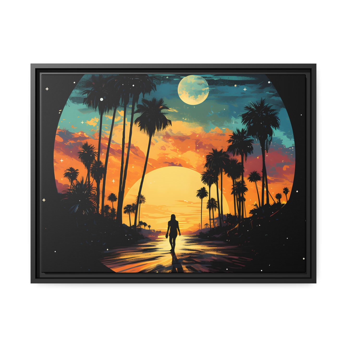 Framed Canvas Lifestyle/Ocean Side Artwork Dark Sunset Palm Tree Silhouettes Line The Pathway Large Sun Setting In Line With Perspective Moon Lit Star Filled Night Sky Floating Canvas Framed Artwork