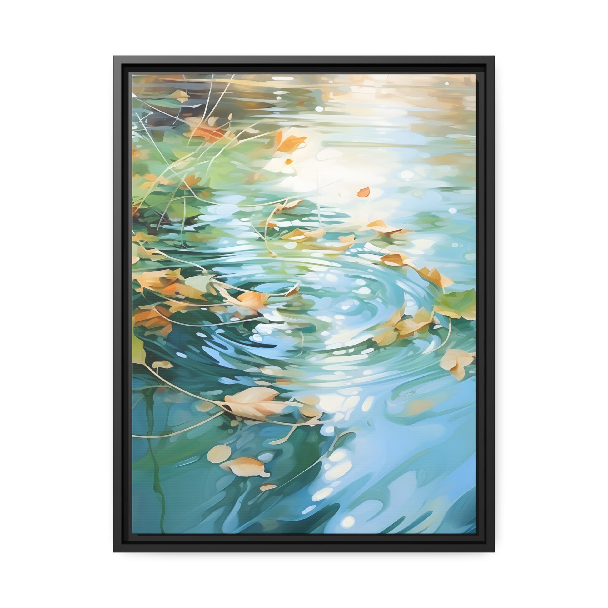 Green Reflective Pond Brown Leafy Windy Weather Framed Canvas Floating Canvas Abstract Art
