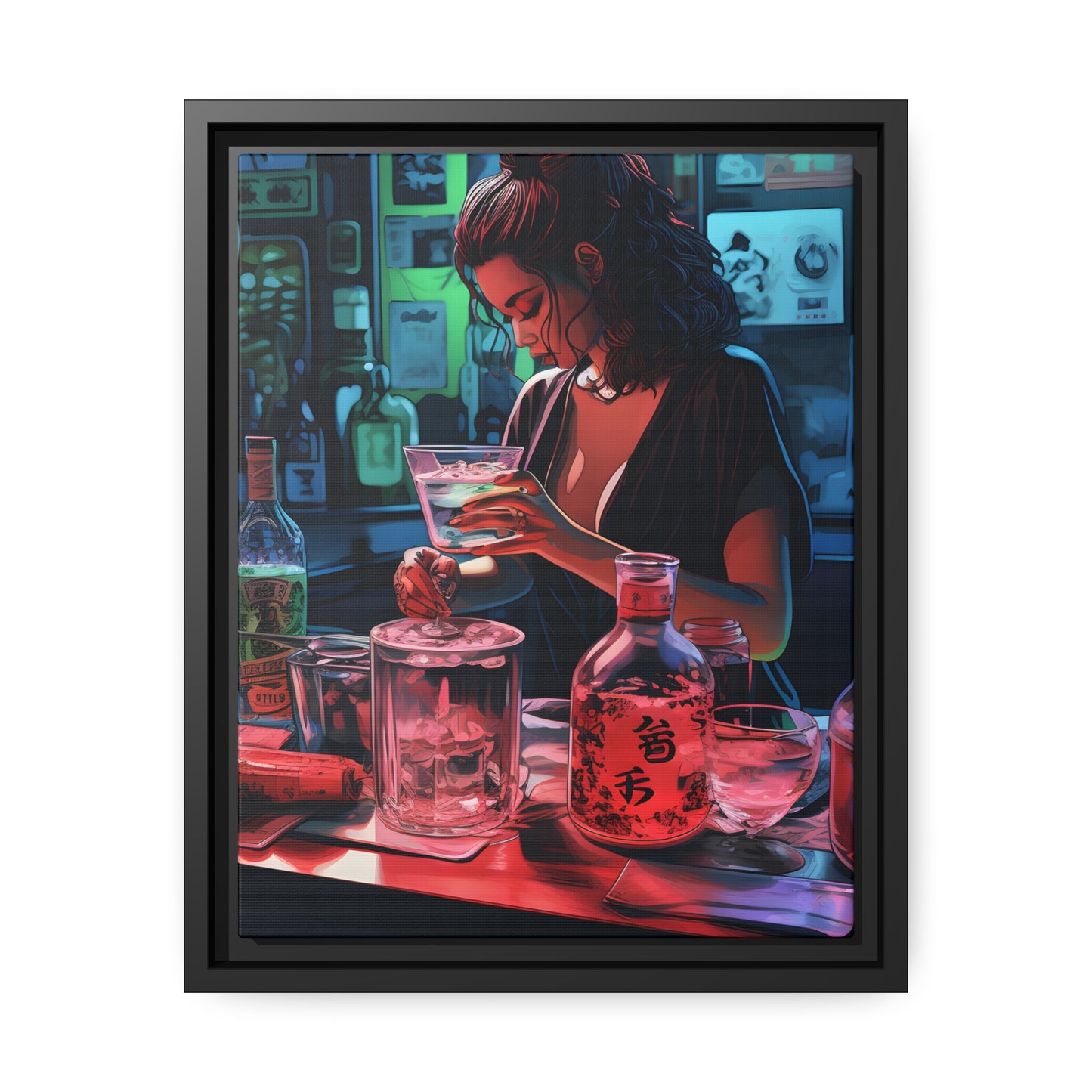 Framed Canvas artwork Japanese Manga Style Bar/Night Life Art Attractive Young Bartender Mixing Drinks In A Busy Neon Lit Bar Framed Canvas Painting Alcohol Art