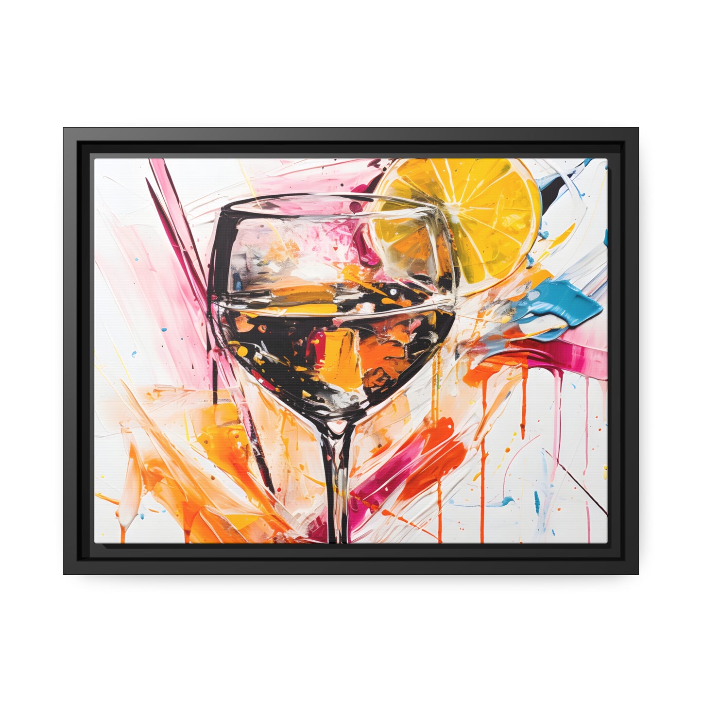 Framed Canvas artwork Bar/Night Life Art Bright Vibrant Neon Splashes Surrounding A Champagne Glass Full Of Alcohol And A Slice Of Lemon On White Background Framed Canvas Painting Alcohol Art Close Up 