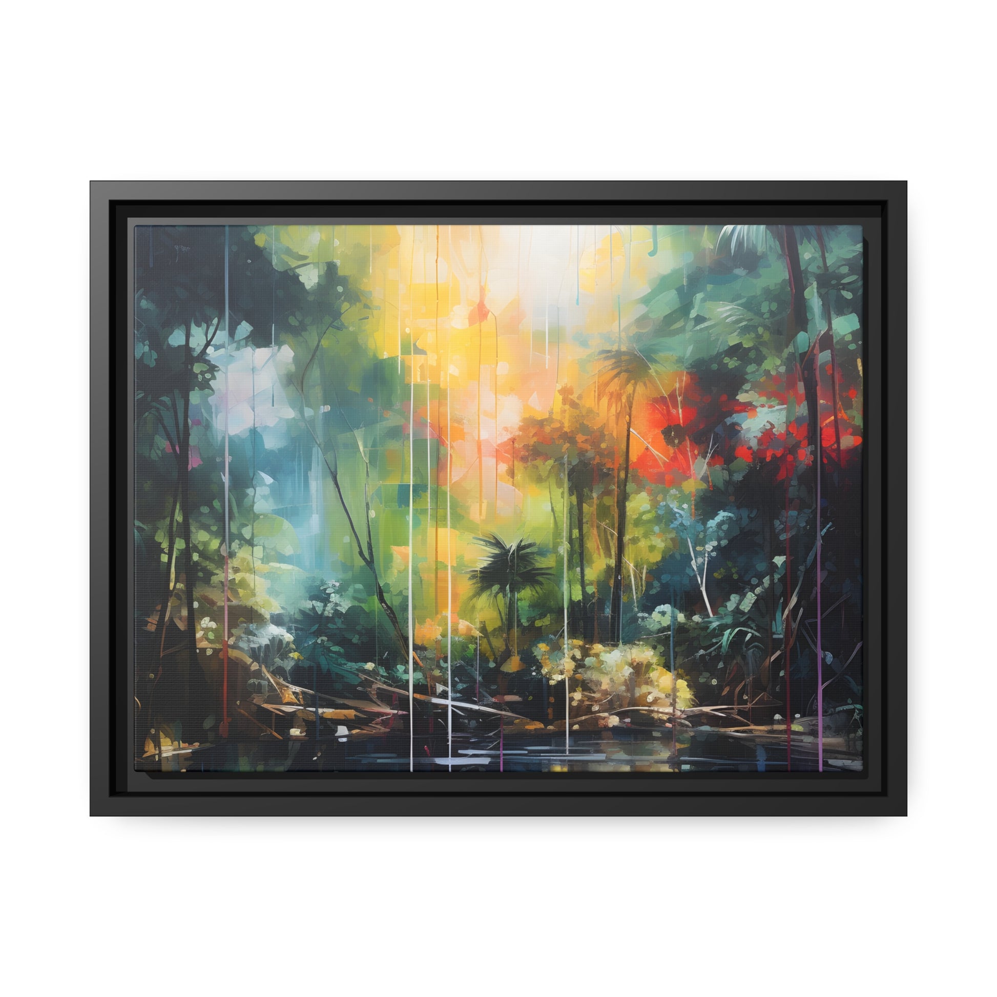 Framed Canvas Abstract Artwork Bright Vibrant Colorful Rainbow Jungle Behind A Pond Oil Painting Style Abstract Art Framed Canvas Nature