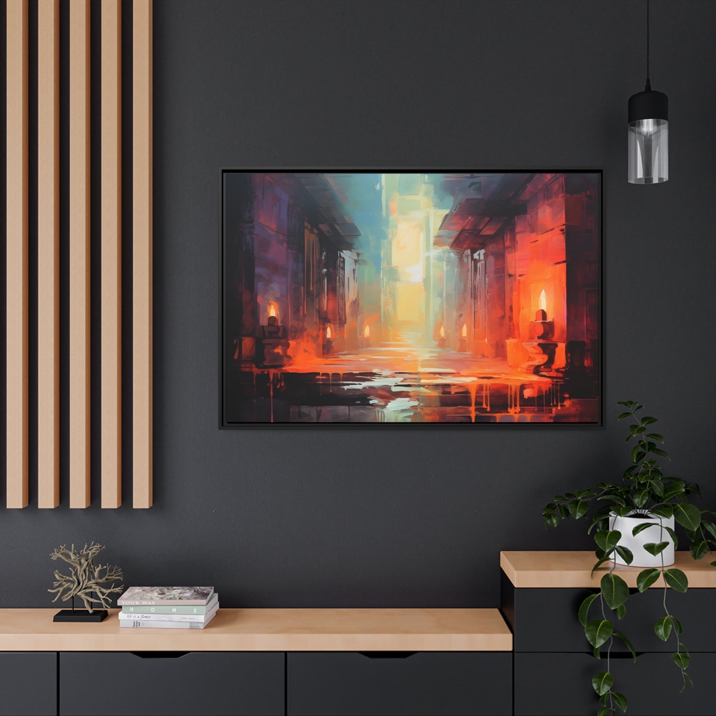 Framed Canvas Abstract artwork Vibrant Art Framed Oil Painting Style Stone Surroundings Lit By Candle Light Overall Ancient Feel Surrounded By Stone Abstract Art