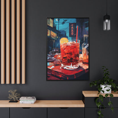 Framed Canvas Artwork Japanese Manga Style Alcohol And Night Life Bar Art Alcoholic Drink With Ice And Lemon Slice Floating Frame Canvas Neon Light Bar Artwork