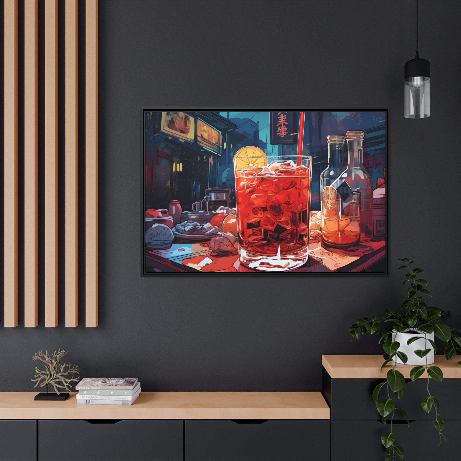 Framed Canvas Artwork Japanese Manga Style Alcohol And Night Life Bar Art Alcoholic Drink With Ice And Lemon Slice Floating Frame Canvas Neon Light Bar Artwork