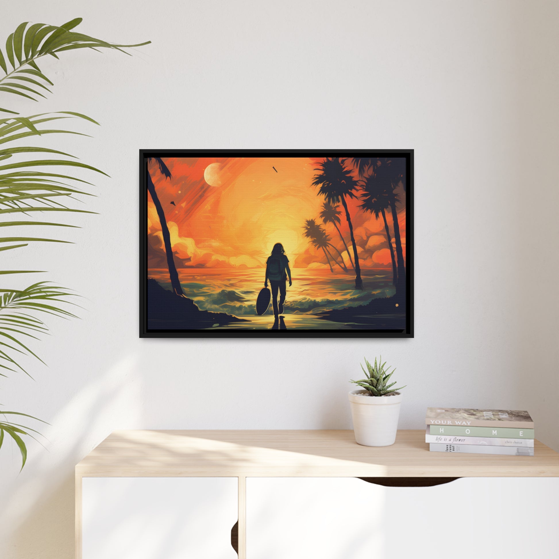 Framed Canvas Artwork Beach Ocean Surfing Warm Suns Set Art Surfer Walking Down To The Beach Holding Surfboard Palm Tree Silhouettes Sets The Tone Floating Frame Canvas Artwork