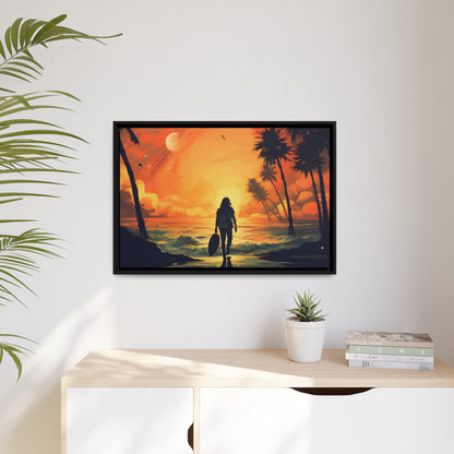 Framed Canvas Artwork Beach Ocean Surfing Warm Suns Set Art Surfer Walking Down To The Beach Holding Surfboard Palm Tree Silhouettes Sets The Tone Floating Frame Canvas Artwork