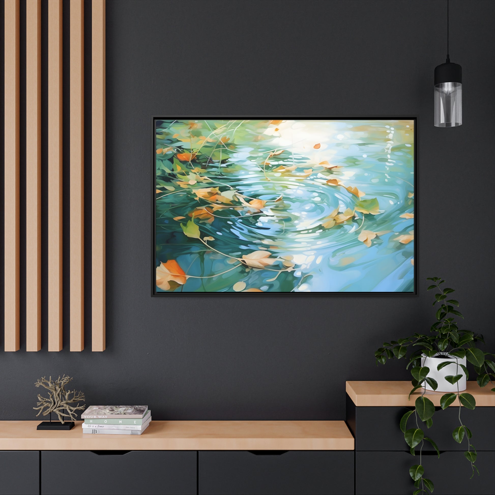 Green Reflective Pond Brown Leafy Windy Weather Framed Canvas Floating Canvas Abstract Art