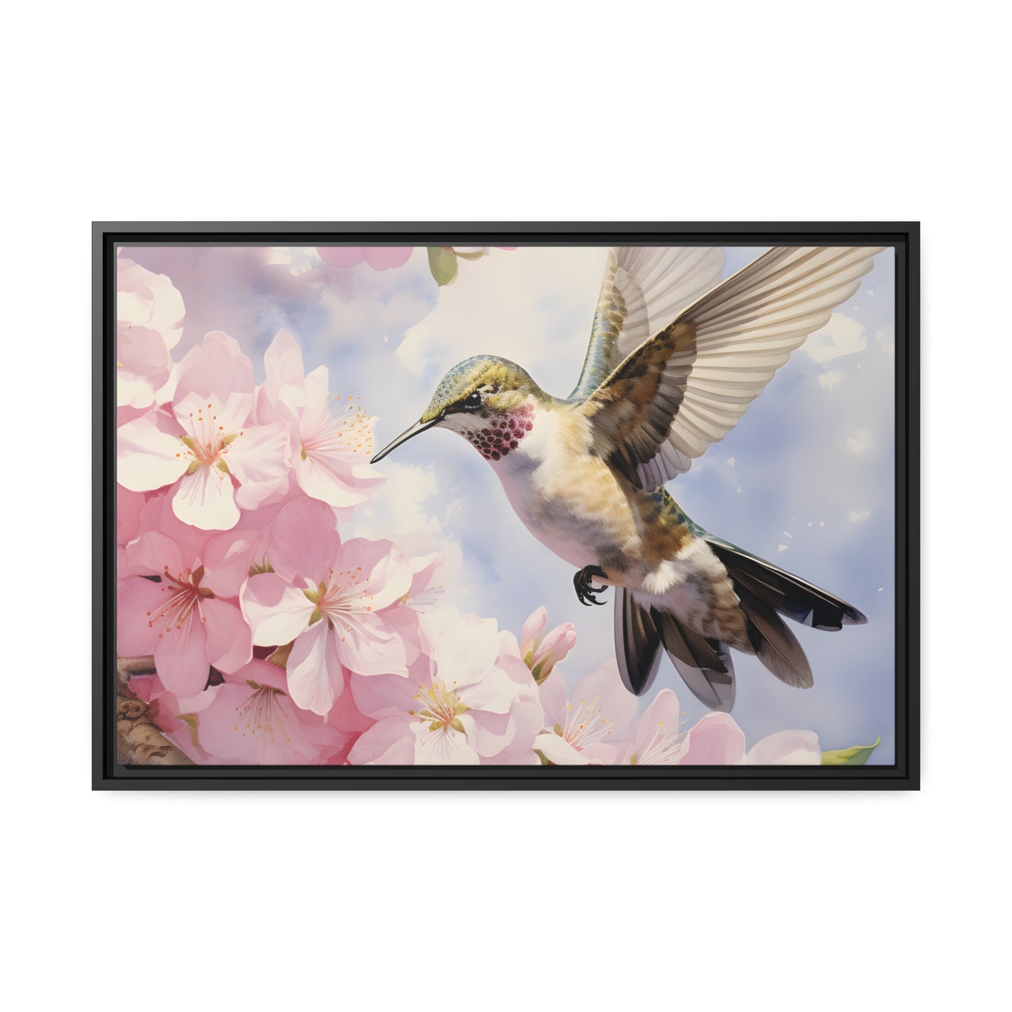 Framed Canvas Artwork Humming Bird Hovering Mid Air While Seeking Out Fresh Honey Amongst The Cherry Blossoms Framed Canvas Artwork