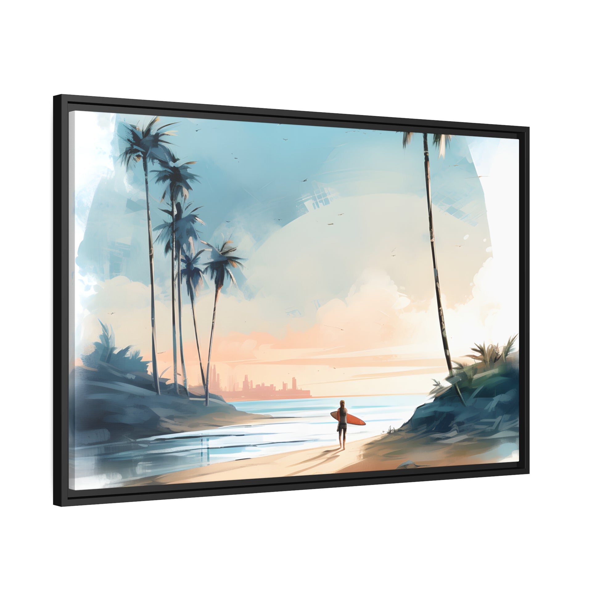 Framed Canvas Artwork Beach Ocean Surfing Warm Sun Set Art Surfer On Beach Holding Surfboard And Palm Tree Silhouettes Water Color Style City In Background Impressive Beach Scene Floating Frame Canvas Artwork