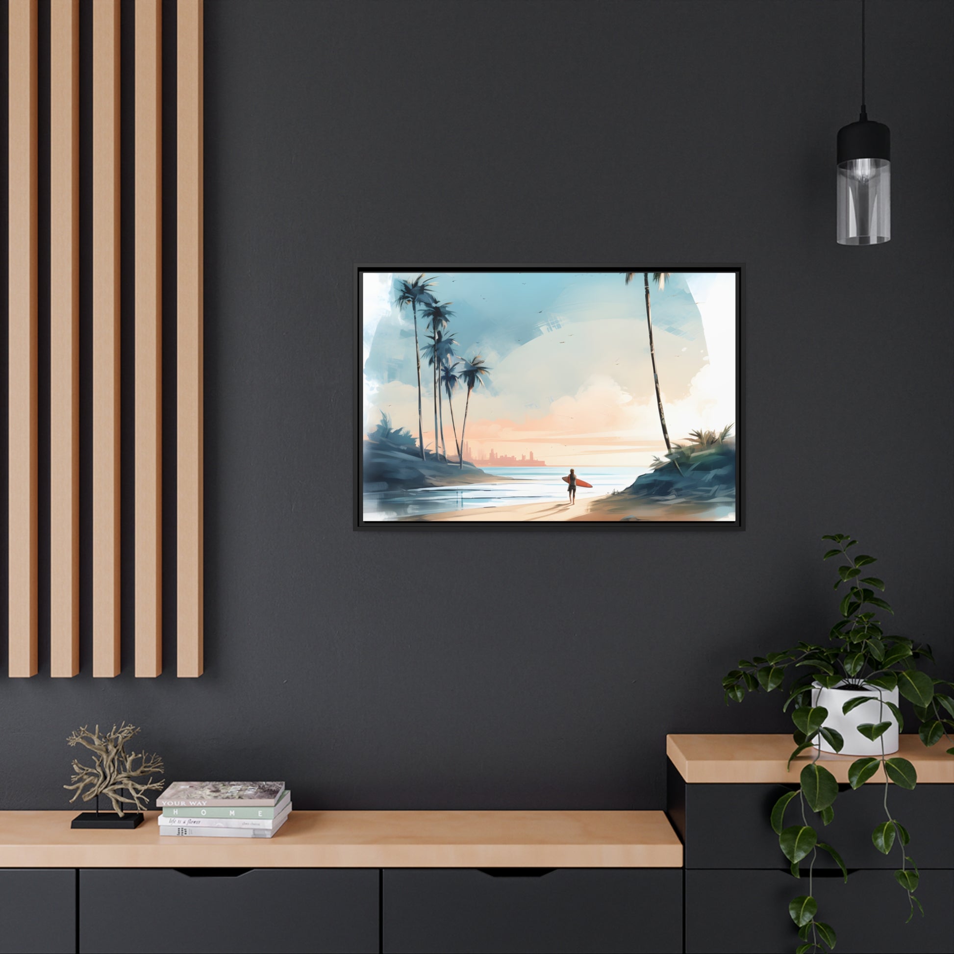 Framed Canvas Artwork Beach Ocean Surfing Warm Sun Set Art Surfer On Beach Holding Surfboard And Palm Tree Silhouettes Water Color Style City In Background Impressive Beach Scene Floating Frame Canvas Artwork