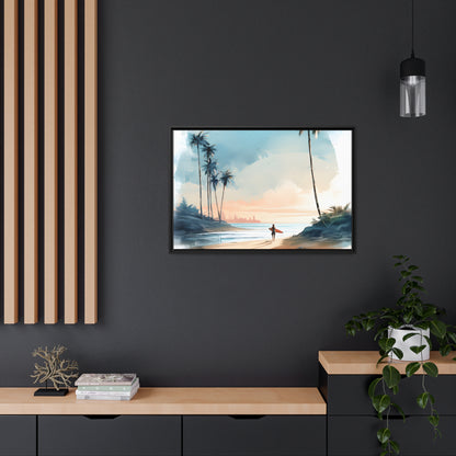 Framed Canvas Artwork Beach Ocean Surfing Warm Sun Set Art Surfer On Beach Holding Surfboard And Palm Tree Silhouettes Water Color Style City In Background Impressive Beach Scene Floating Frame Canvas Artwork