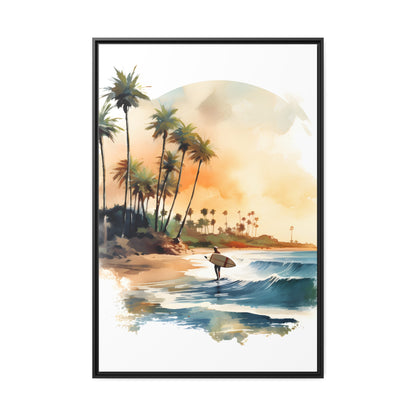 Framed Canvas Lifestyle/Ocean Side Artwork Stunning Watercolor Style Framed Painting Waves Surfer Surfing