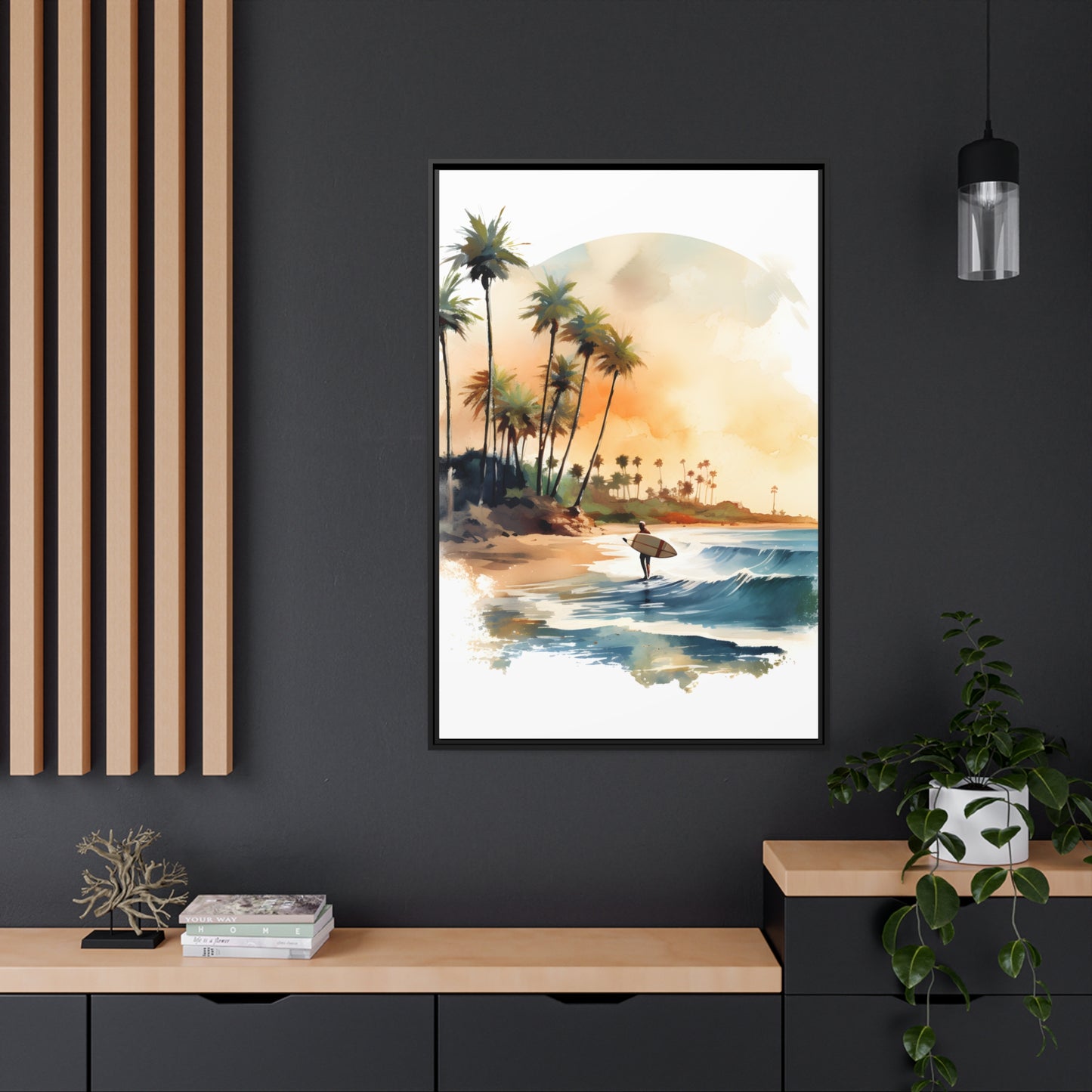 Framed Canvas Lifestyle/Ocean Side Artwork Stunning Watercolor Style Framed Painting Waves Palm Trees Sandy Beach Surfer Searching 