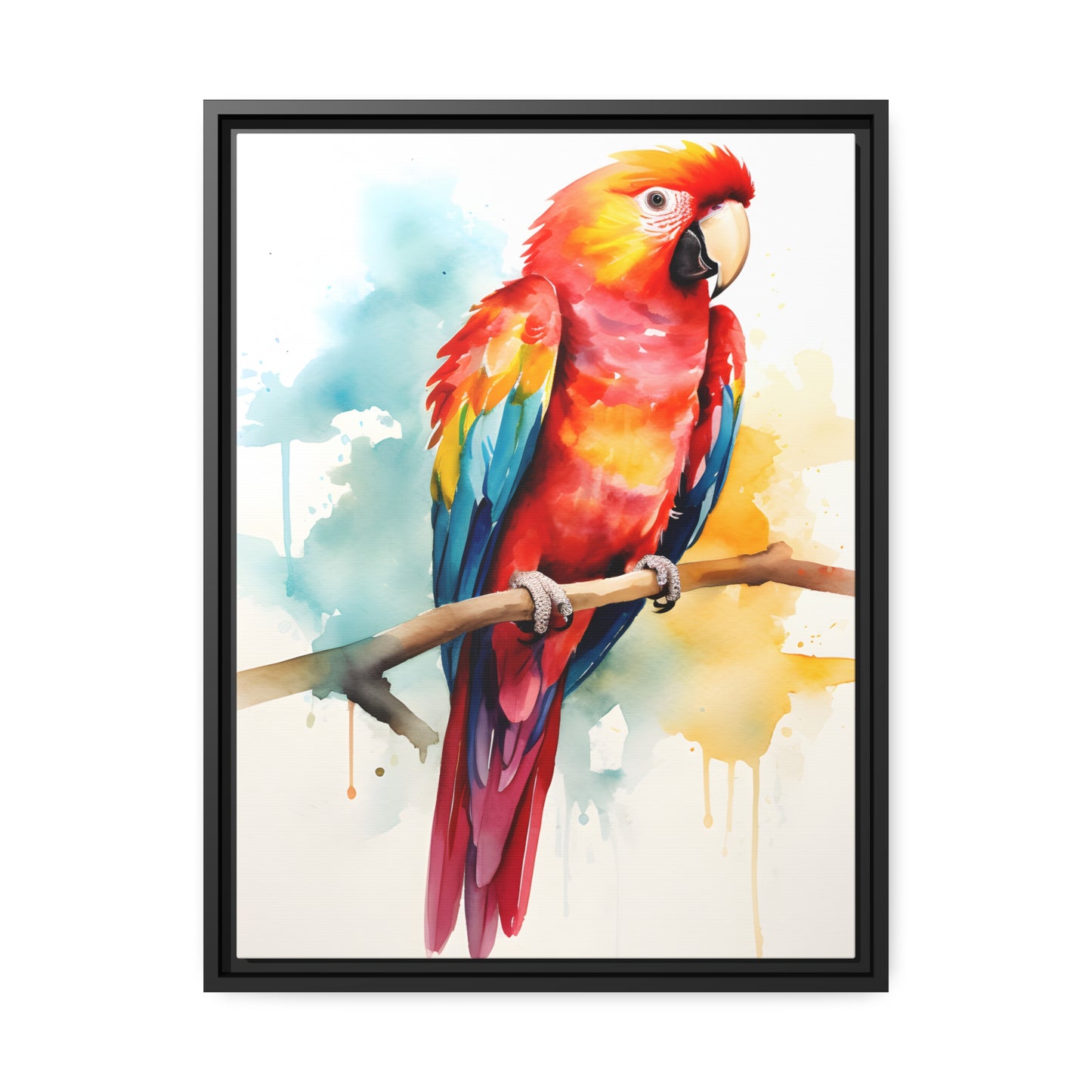 Framed Canvas Artwork Bright Red Parrot With Rainbow Wings Perched On A Tree Branch Nature Influenced Water Color Painting Style