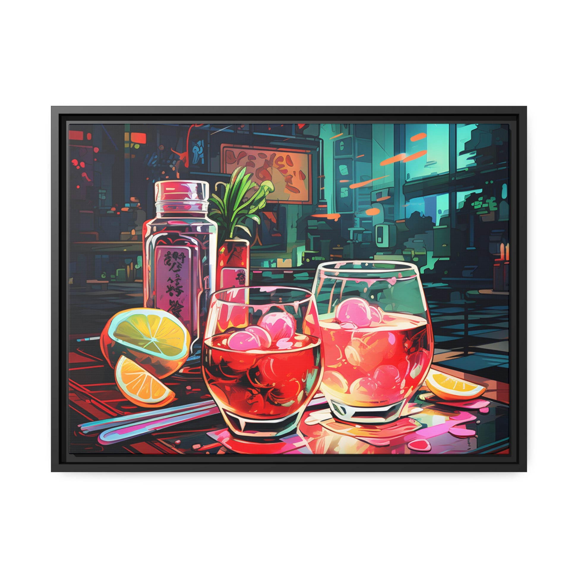 Framed Canvas Artwork Japanese Manga Style Alcohol And Night Life Bar Art Alcoholic Drink With Ice And Lemon Slice Floating Frame Canvas Neon Light Bar Artwork Urban Setting Lifestyle