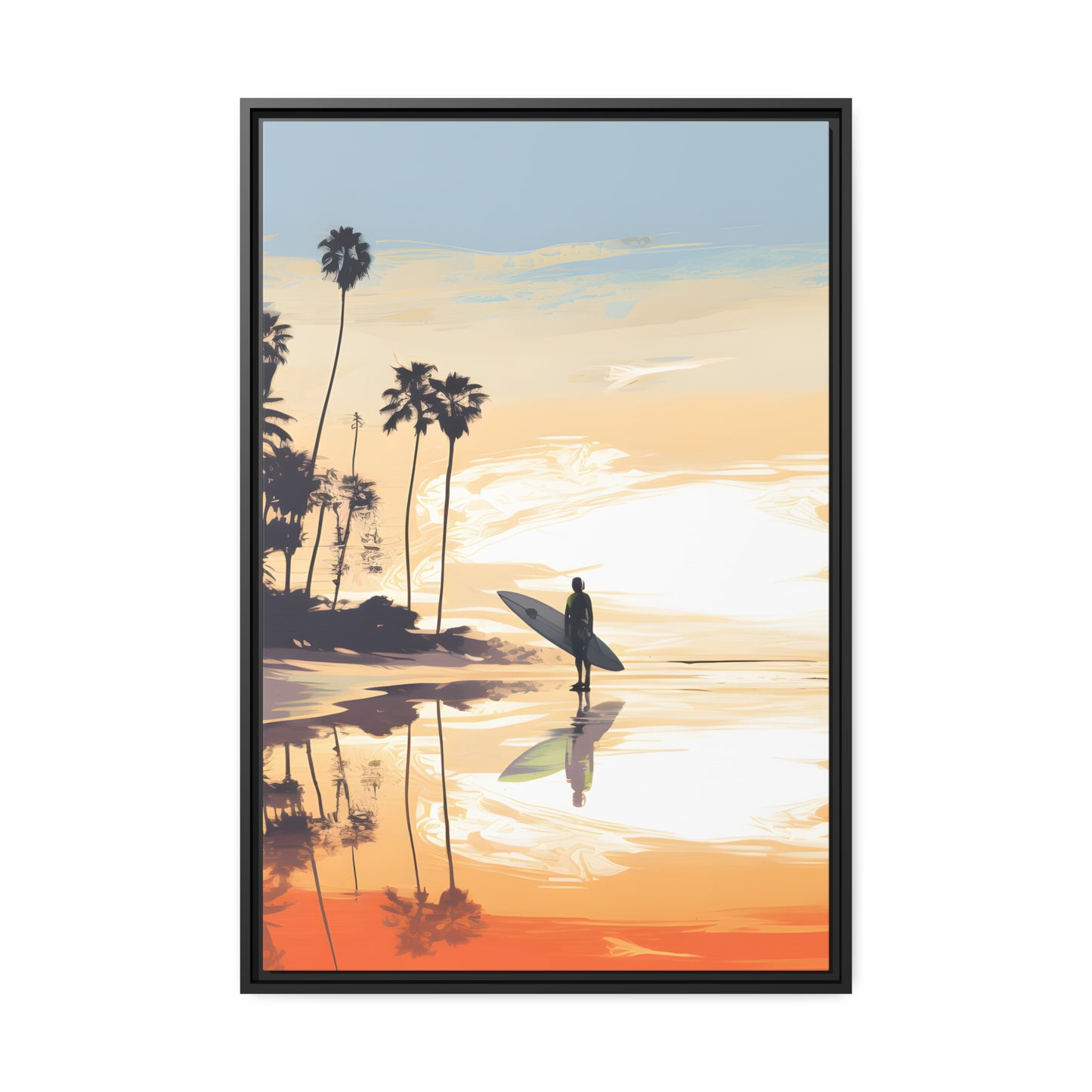 Framed Canvas Artwork Beach Ocean Surfing Warm Sun Set Art Surfer On Beach Holding Surfboard And Palm Tree Silhouettes Floating Frame Canvas Artwork