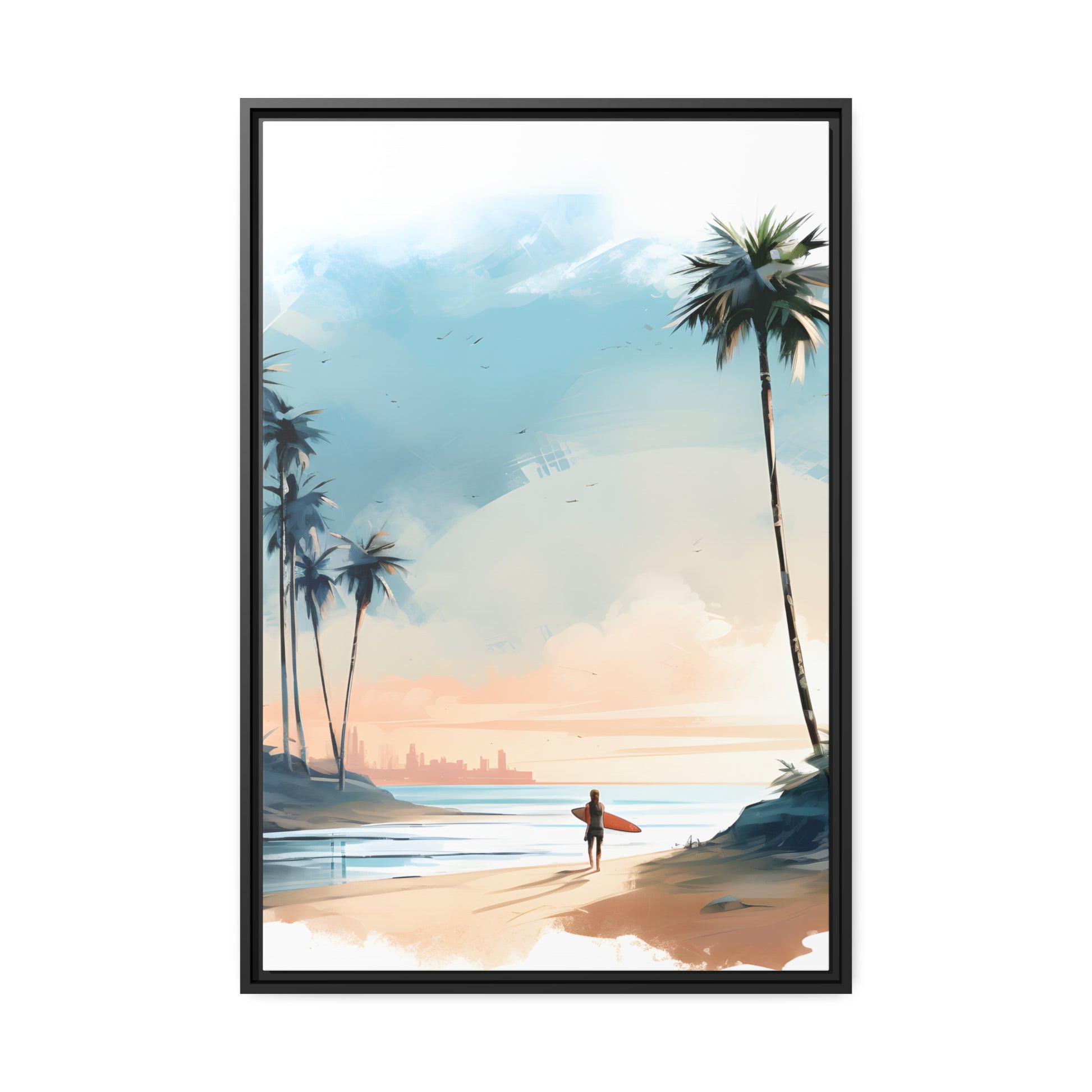 Framed Canvas Artwork Beach Ocean Surfing Warm Sun Set Art Surfer On Beach Holding Surfboard And Palm Tree Silhouettes Water Color Style City In Background Impressive Beach Scene Floating Frame Canvas Artwork