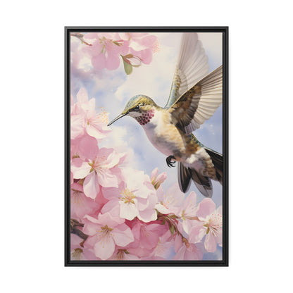 Framed Canvas Artwork Humming Bird Hovering Mid Air While Seeking Out Fresh Honey Amongst The Cherry Blossoms Framed Canvas Artwork