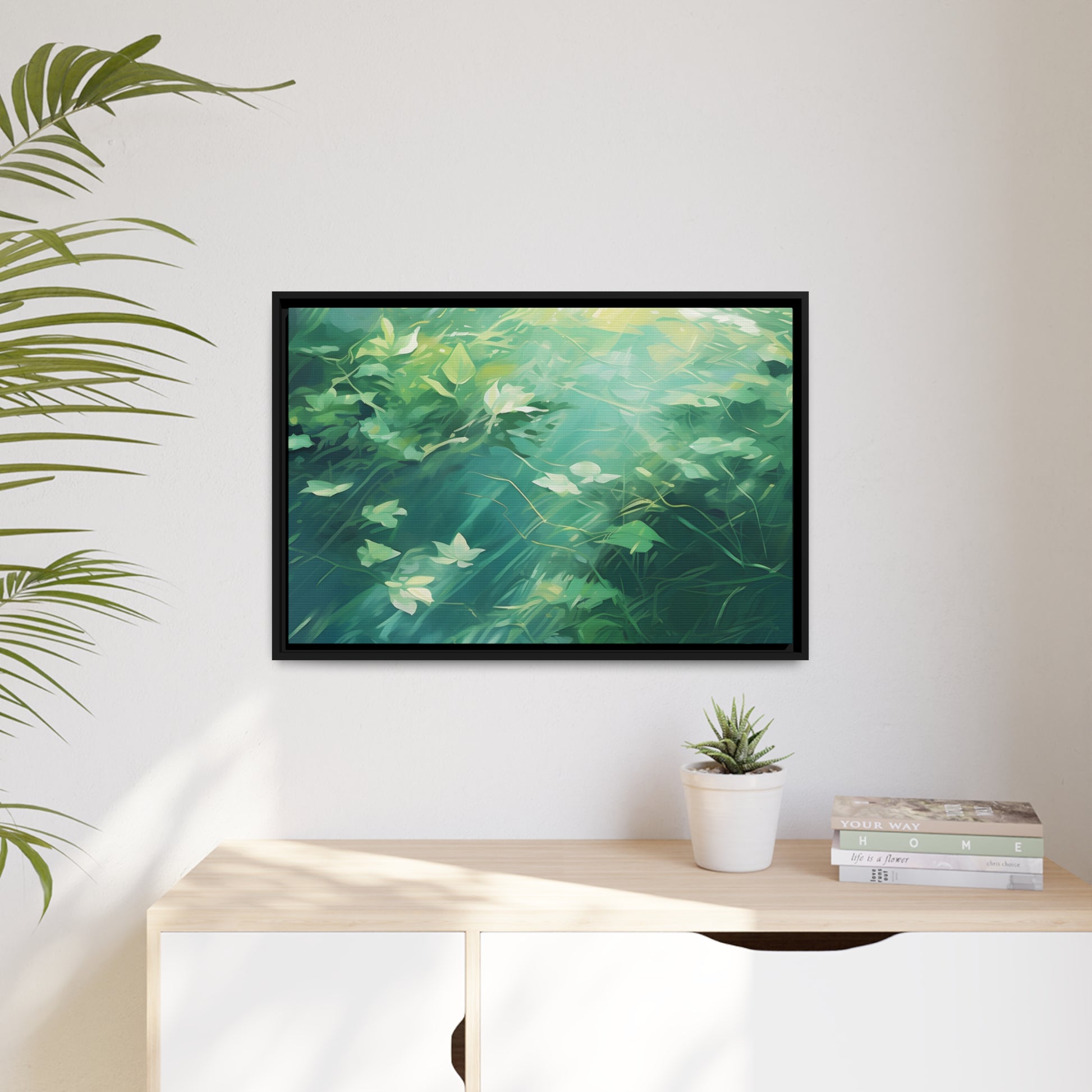 Green Leafy Windy Weather Framed Canvas Floating Canvas Abstract Art