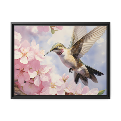 Framed Canvas Artwork Humming Bird Hovering Mid Air While Seeking Out Fresh Honey Amongst The Cherry Blossoms Framed Canvas Artwork