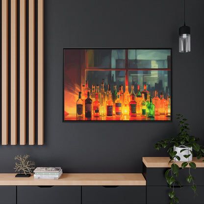 Framed Canvas Artwork Alcohol Bar Night Life Vibrant Colorful Well Lit Bar With Alcohol Bottles Lined UpParty Drinking Lifestyle Floating Frame Canvas 