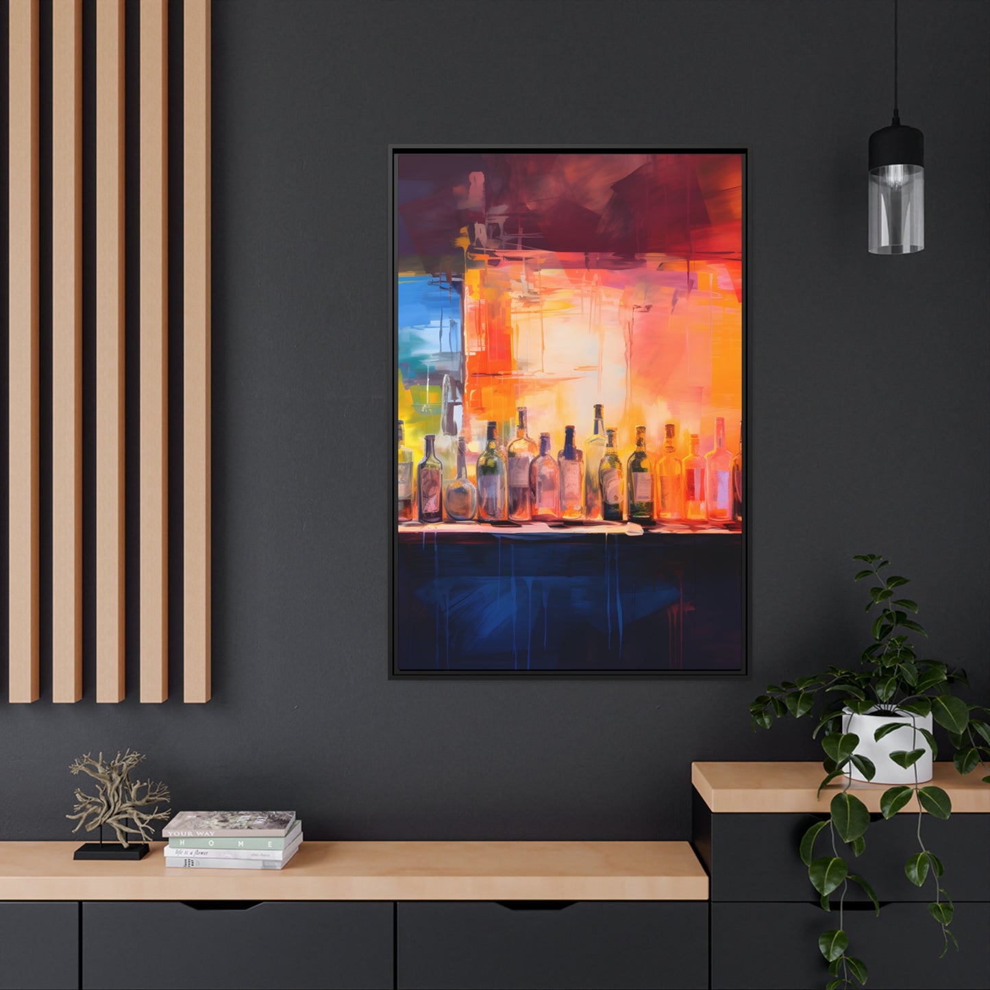 Framed Canvas Artwork Alcohol Bar Night Life Vibrant Oil Painting Style Colorful Party Drinking Lifestyle Floating Frame Canvas 