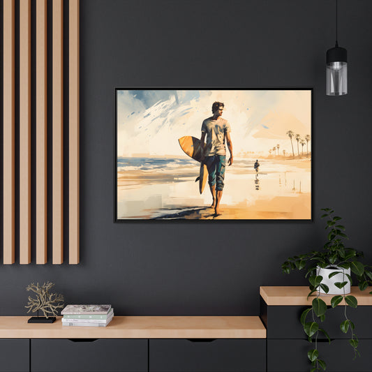 Framed Lifestyle/Ocean Side Artwork Stunning Watercolor Style Framed Painting Waves Surfer Surfing