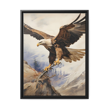 Framed Canvas Artwork Strong Soaring Bald Eagle Snowy Mountains Detailed Painting