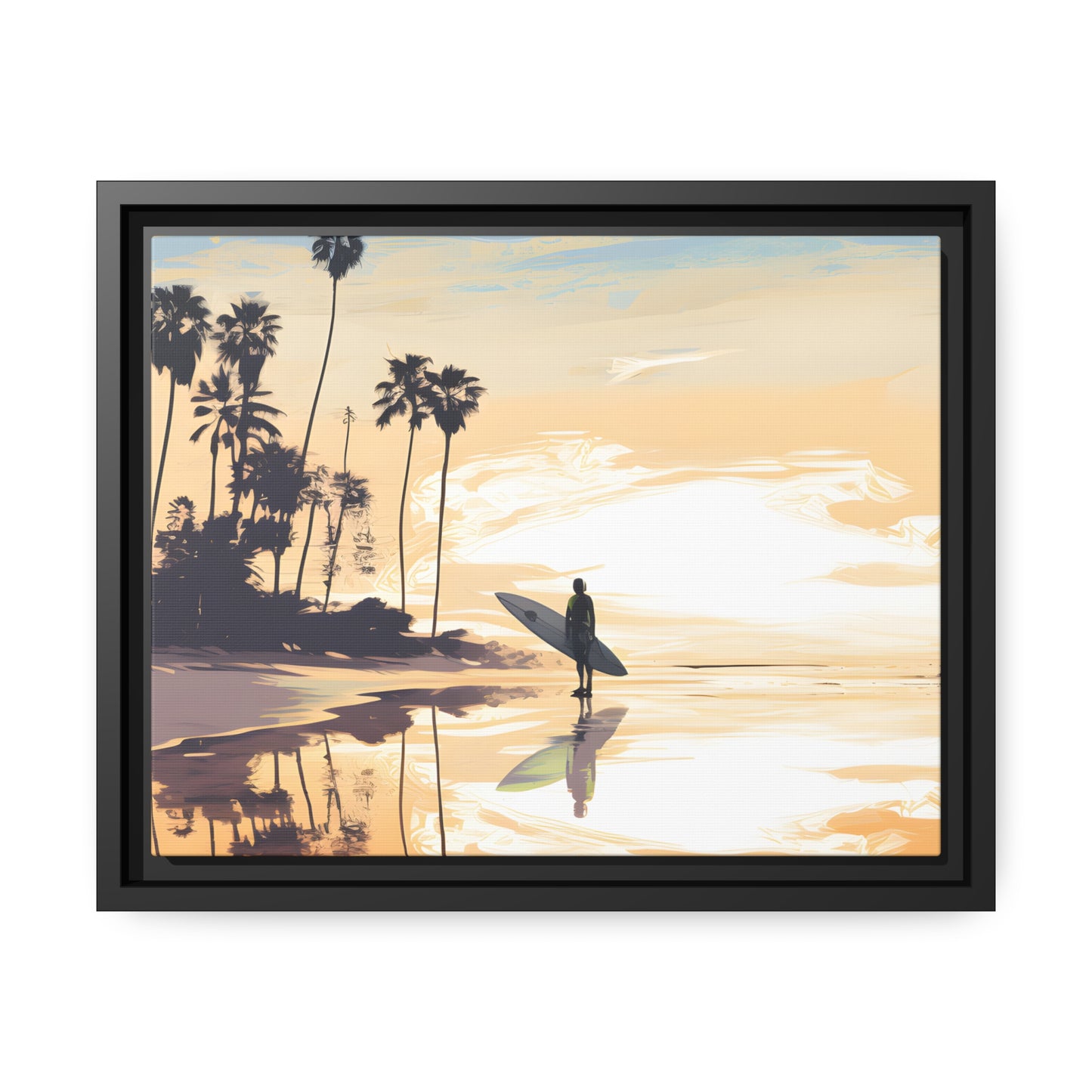 Framed Canvas Artwork Beach Ocean Surfing Warm Sun Set Art Surfer On Beach Holding Surfboard Palm Tree Silhouettes Perfect Mood Enhancer Floating Frame Canvas Artwork