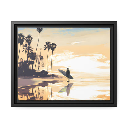 Framed Canvas Artwork Beach Ocean Surfing Warm Sun Set Art Surfer On Beach Holding Surfboard Palm Tree Silhouettes Perfect Mood Enhancer Floating Frame Canvas Artwork